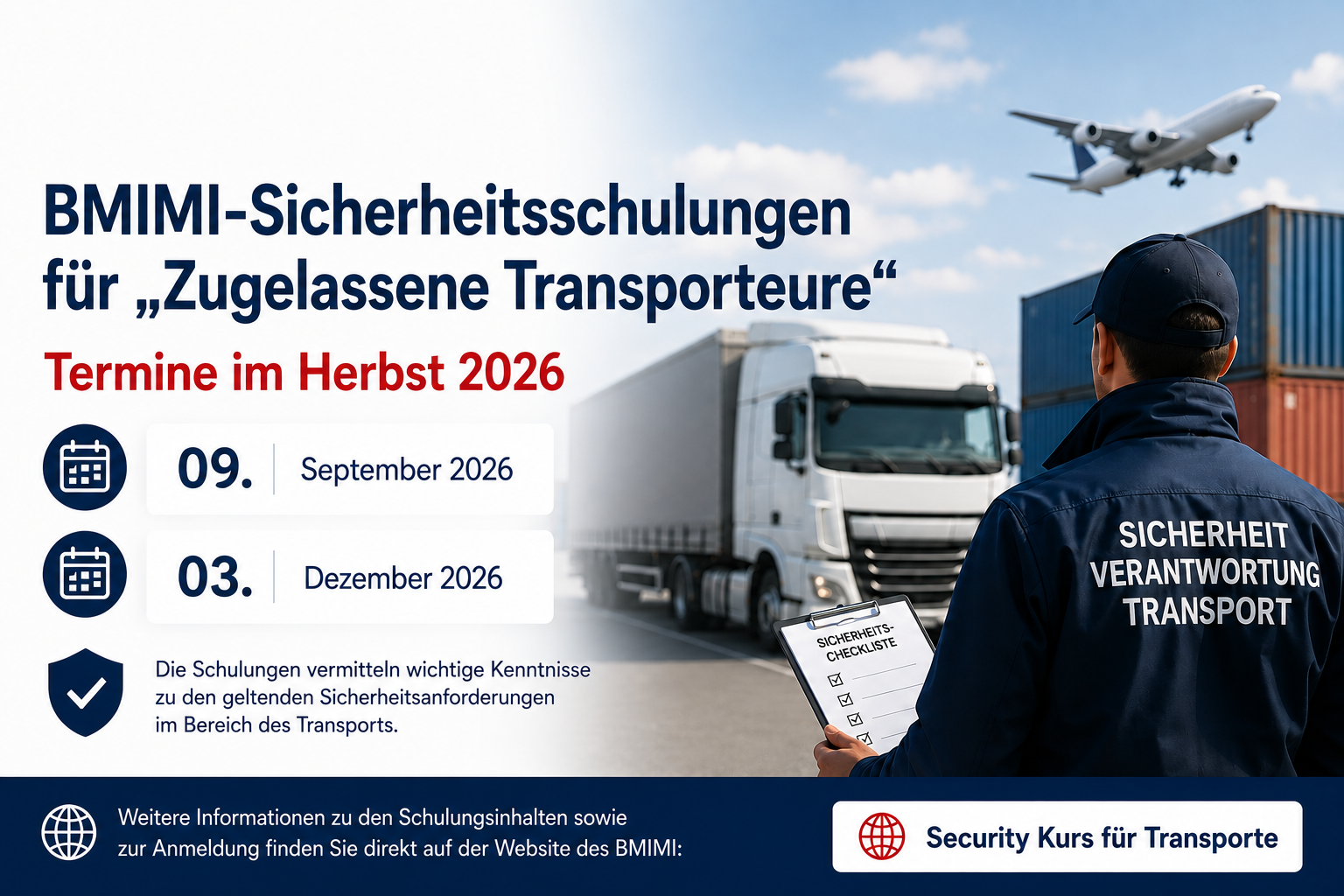 BMIMI-Schulungen für „Zugelassene Transporteure“ von sicherer Luftfracht auf dem Landweg – Termine im Herbst 2026